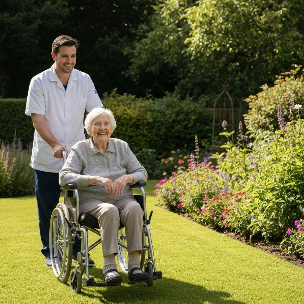 Elderly woman smiling in wheelchair with male carer in beautiful garden setting